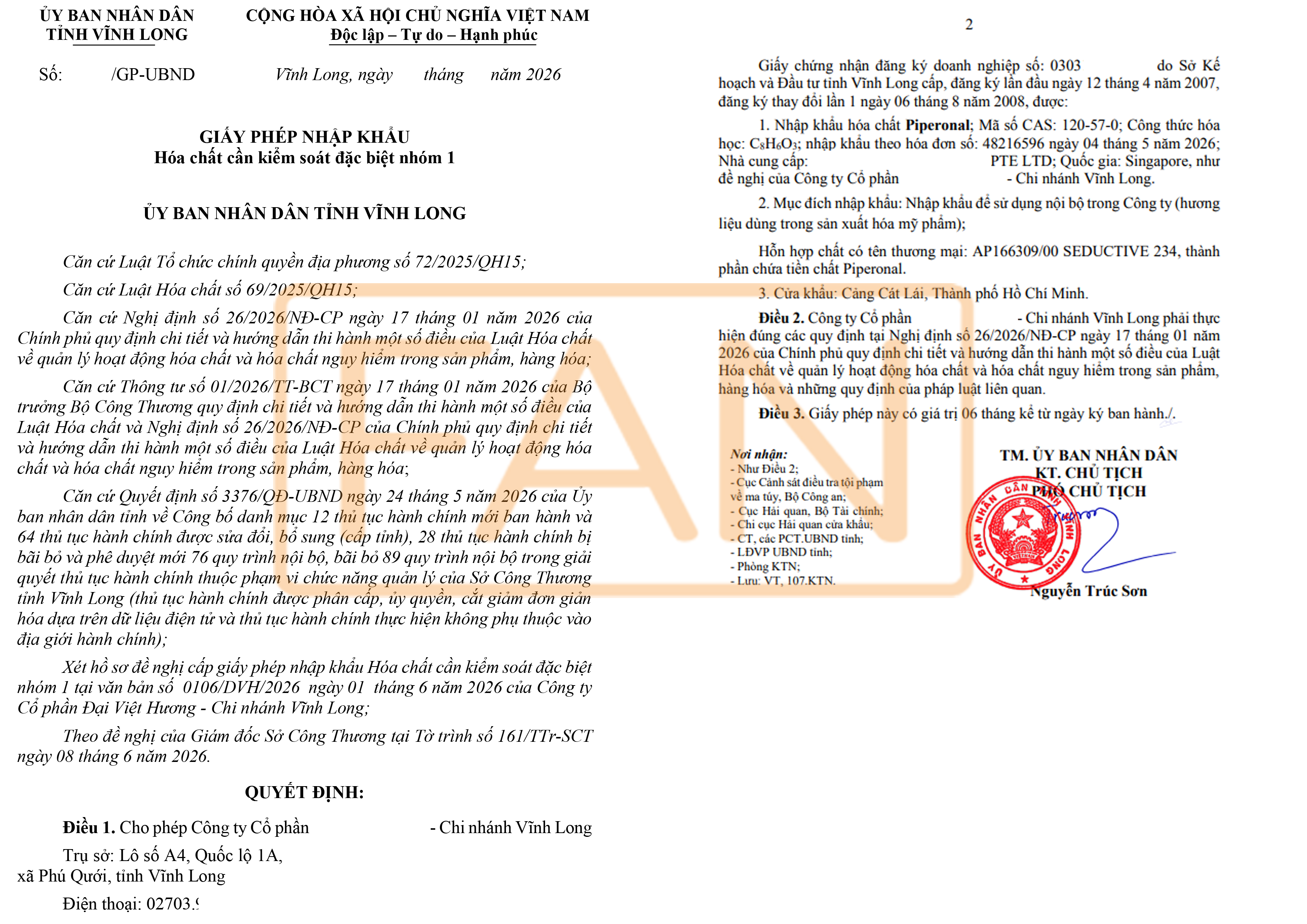 Giấy Phép Hoá Chất Vĩnh Long, Bến Tre